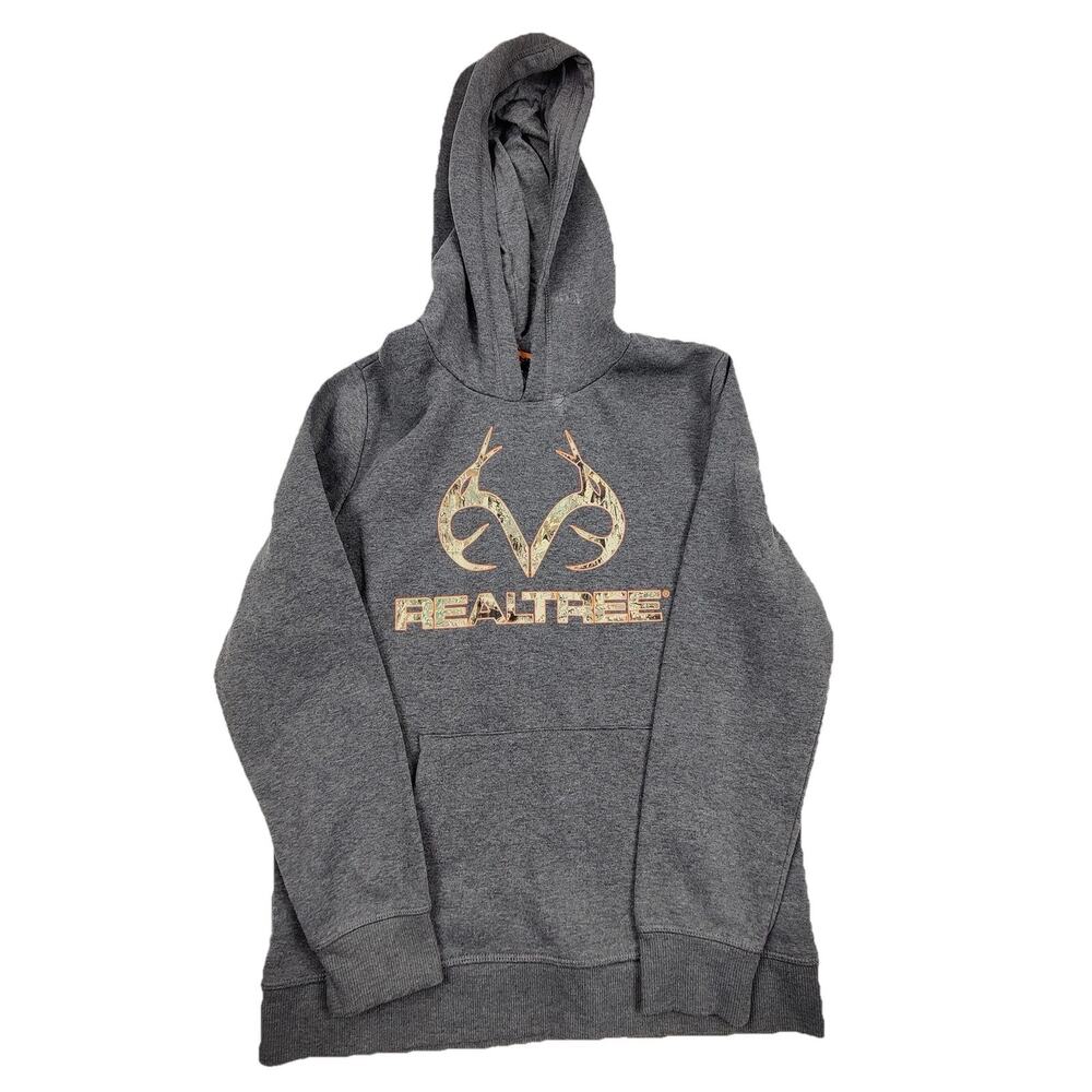 Realtree Hoodie Kids 14/16 Gray Fleece Camo Logo Pullover Hunting Sweatshirt
